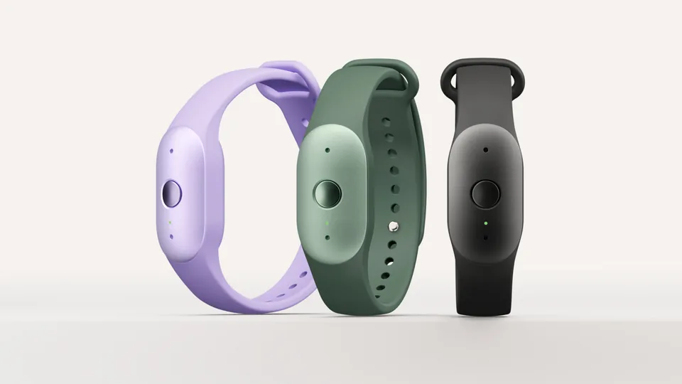 Three Bee Frontier wristbands in lilac, sage and black, each with a circular button