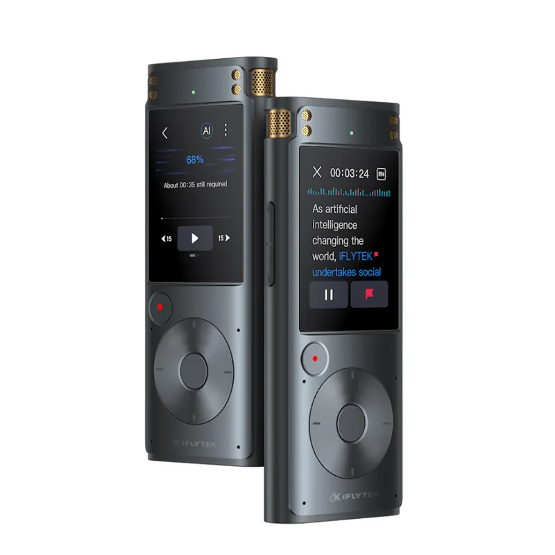 iFLYTEK Smart Recorder handheld device, two angles, showing the touchscreen and control wheel