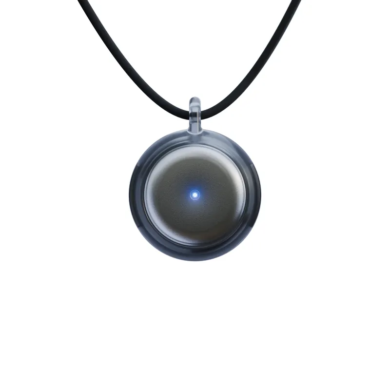 Omi pendant on a black cord, round translucent case with a blue status light