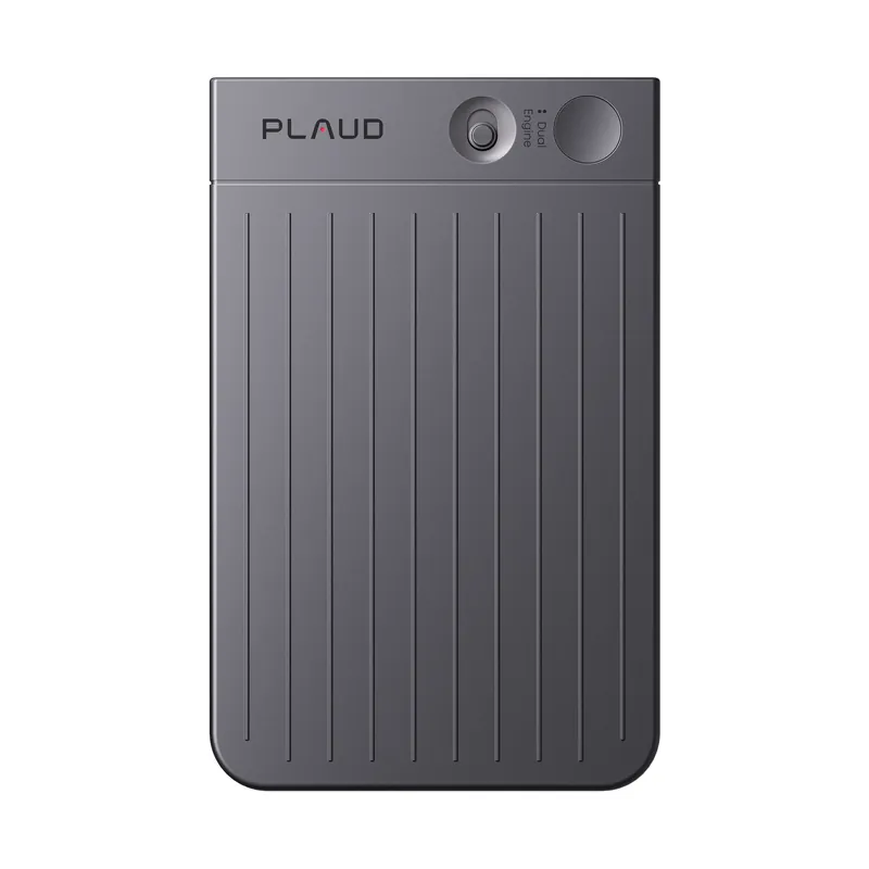 Black Plaud Note card recorder, front view, with the Plaud logo and two control buttons