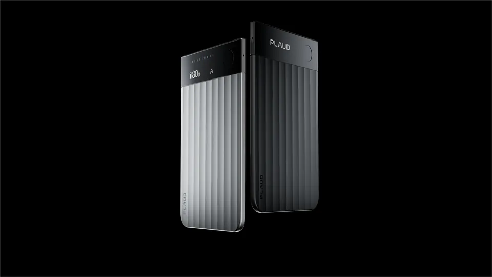 Plaud Note Pro in silver and black, silver unit showing a small status screen