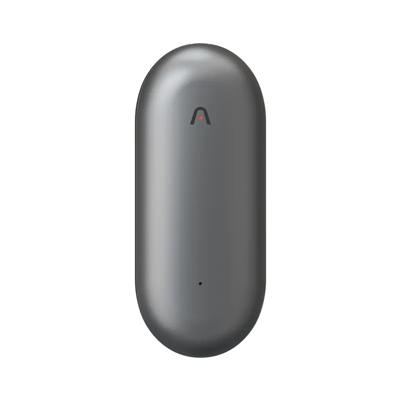 Black Plaud NotePin wearable recorder, front view, oval pin with a small logo